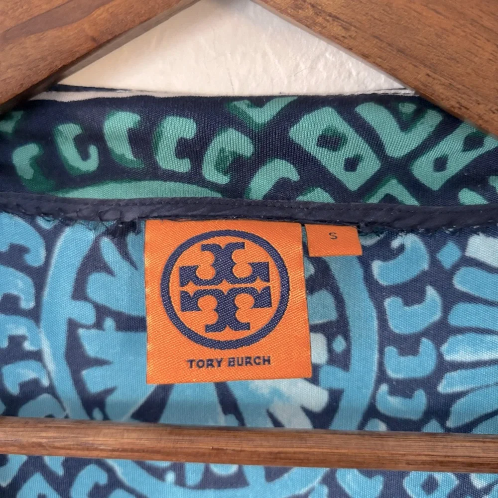 Tory‎ Burch Medallion Print Cap Sleeve Silk Shift Dress Small Blue Green Women’s
